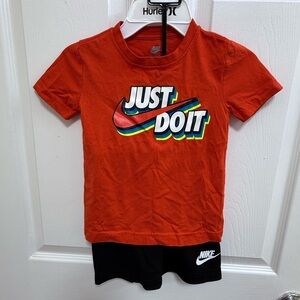 Nike Kids' Just Do It' T-Shirt and Short Set In Orange/Black, Size 4